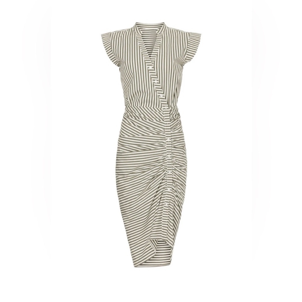 Veronica Beard Ruched Striped Shirtdress White & Olive Green Size 8 - Picture 13 of 13